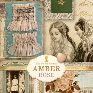 May include: A digital collage featuring two beige fabric cuffs with smocking, a green book titled The Garden, a vintage illustration of two women, a photograph of a child in a doorway, and a rose illustration with the text The Paper Cameo Amber Rose.