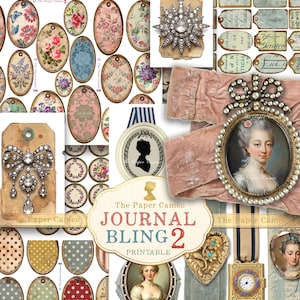 Puede incluir: Un collage de elementos imprimibles de estilo vintage, que incluye etiquetas ovaladas con diseños florales, joyas antiguas, retratos de camafeos y etiquetas decorativas. También se ve el texto "The Paper Cameo JOURNAL BLING 2 PRINTABLE".