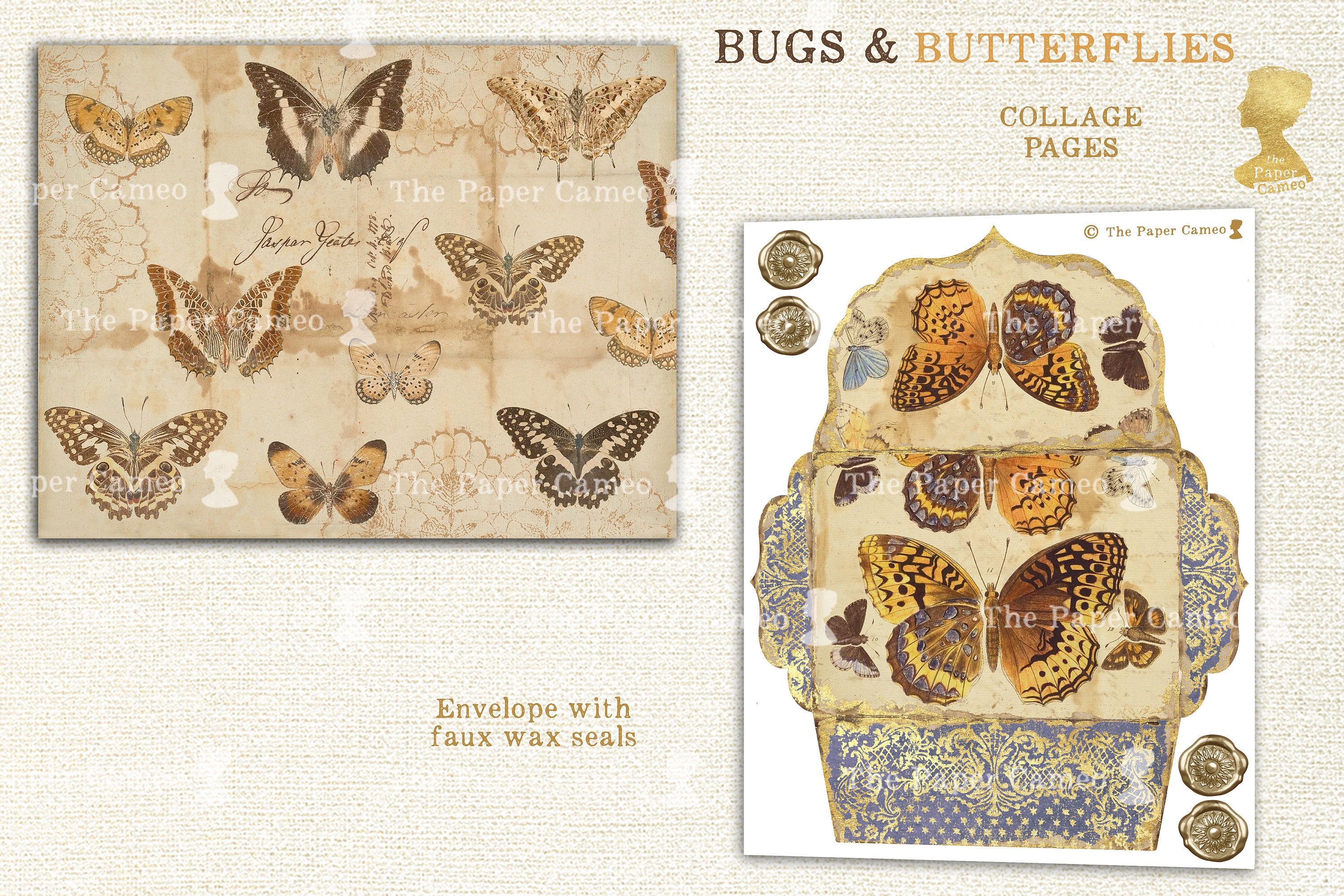 Paper Collaged Insects BUGS and BUTTERFLIES Printable Digital, Antique Insect Illustration ...