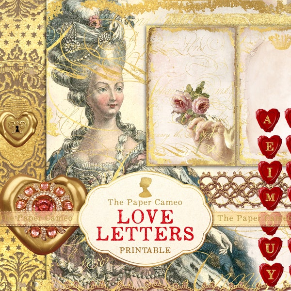 LOVE LETTERS, Marie Antoinette Printable, Vintage French Style Ephemera, Wax Seal Kit Initials , Instant digital Download, Parisian Journal