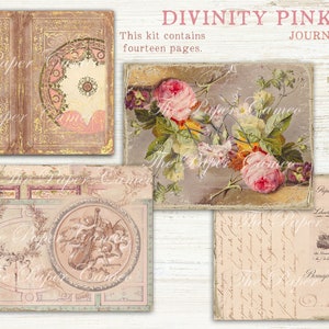 May include: A digital download kit for a journal with 14 pages. The kit includes images of a vintage book, flowers, and a handwritten letter. The text "DIVINITY PINK JOURNAL" is at the top of the image. The text "This kit contains fourteen pages." is below the title. The text "Digital Download. Artwork saved at 300dpi" is in the bottom right corner.