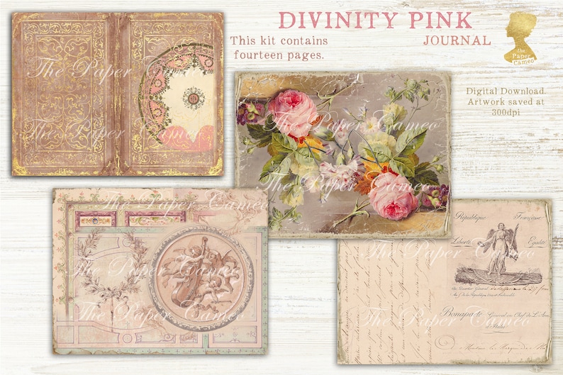 May include: A digital download kit for a journal with 14 pages. The kit includes images of a vintage book, flowers, and a handwritten letter. The text "DIVINITY PINK JOURNAL" is at the top of the image. The text "This kit contains fourteen pages." is below the title. The text "Digital Download. Artwork saved at 300dpi" is in the bottom right corner.