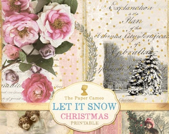 LET IT SNOW, afdrukbaar kerstdagboek, shabby chic kerst afdrukbare digitale download, kerstmis, vintage kerst digitaal