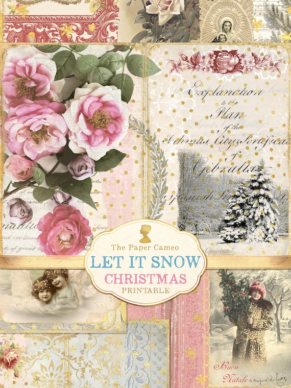 LET IT SNOW, Christmas Journal Printable, Shabby Chic Christmas Printable Digital Download, Pastel Christmas, Vintage Christmas Digital