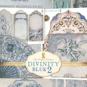 DIVINITY BLUE 2 Ephemera, Ephemera digital con temática azul, Ephemera de diario azul, Sobres azules imprimibles, Ephemera azul francesa, Ephemera digital azul
