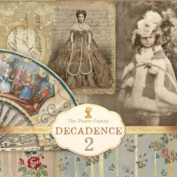 Décadence 2 pages éphémères et collage imprimable, photographie sépia antique numérique, femmes décadentes en robes de bal numérique. Romance