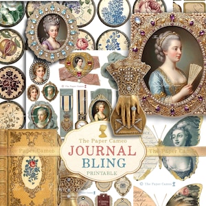 May include: A collage of vintage-style ephemera, including cameo portraits, decorative frames, and tags. The color palette includes gold, cream, and pastel hues. The text "JOURNAL BLING PRINTABLE" is visible. The items are suitable for crafting and scrapbooking.