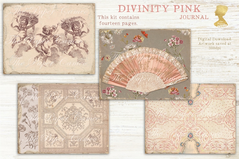 May include: A digital download kit for a journal with 14 pages. The kit includes images of cherubs, a fan, and floral patterns in pink and brown tones. The text "Divinity Pink Journal" is at the top of the image.