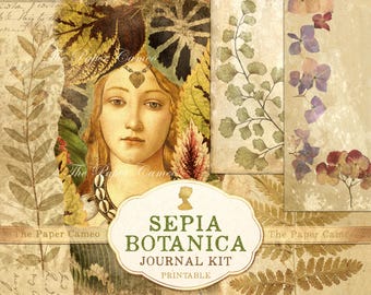 SEPIA BOTANICA, Botanical Journal Printable Digital, The Paper Cameo, Vintage Botanical Printable, Botanical Collage Paper