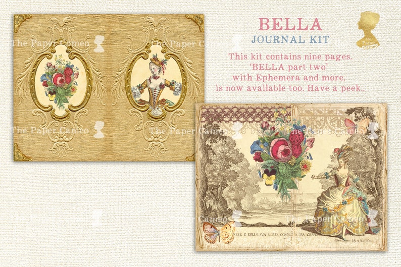 BELLA, Shabby French Style Printable Junk Journal Kit, French Fashion Digital Download, Vintage Floral Journal Pages, Shabby Chic Journal image 2