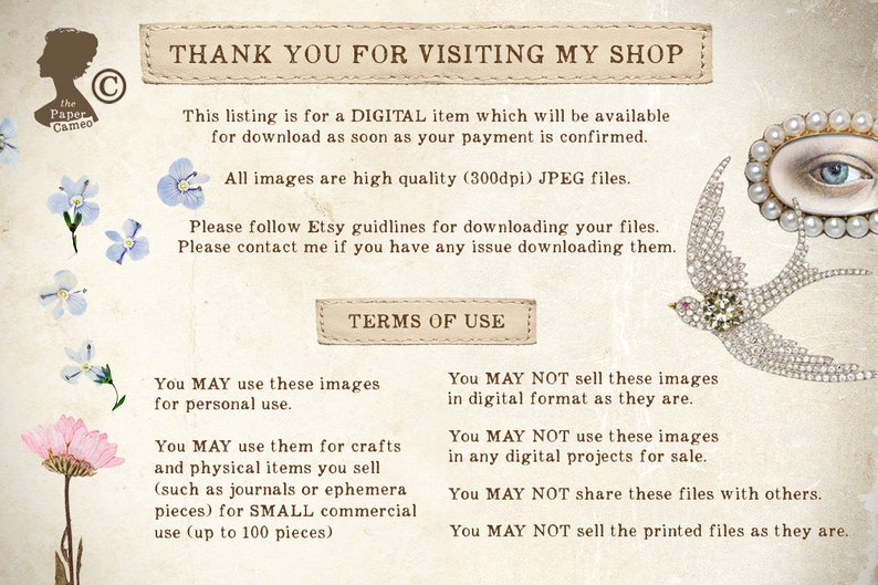 Op de afbeelding: Een digitale download-beeldlijst voor een winkel genaamd "The Paper Cameo". De lijst bevat gebruiksvoorwaarden voor persoonlijk en commercieel gebruik van de afbeeldingen. De tekst geeft aan dat de afbeeldingen van hoge kwaliteit (300 dpi) zijn in JPEG-formaat.