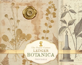 LEDGER BOTANICA Afdrukbaar, vintage botanische digitale download, ongewenste dagboekcollagepapieren, botanische decoupagepapier