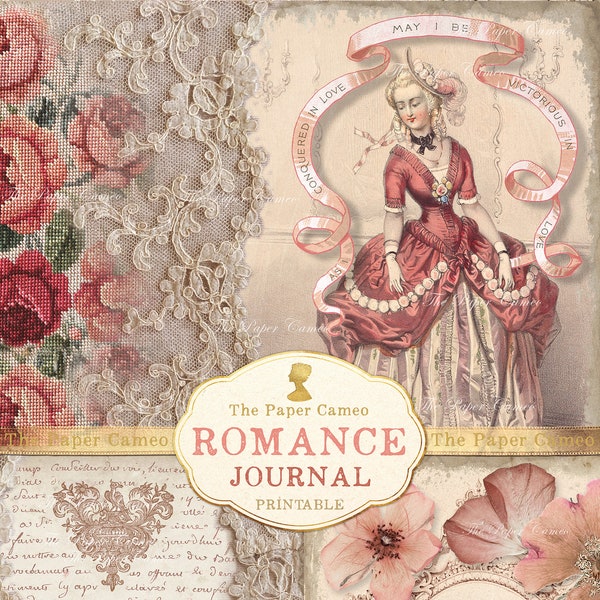 ROMANCE journal Printable, Valentine journal Digital, Valentine Junk Journal Printable, Shabby Chic Pink Digital, Romantic Rose Journal