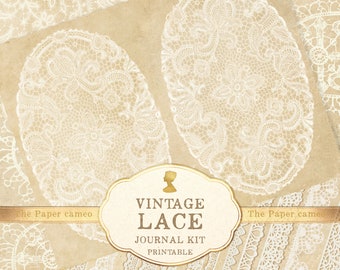 May include: Vintage lace journal kit printable with a variety of lace patterns and borders. The kit includes two large lace doilies, several lace borders, and a title card that says "Vintage Lace Journal Kit Printable".