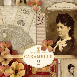 May include: A vintage collage with sepia portraits, floral details, and aged paper. The design includes the text "CARAMELLE 2" and "AUTOGRAPHS", with musical notes and antique script. The colour scheme is mainly cream, brown, and red, evoking a sense of nostalgia.