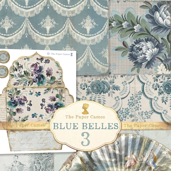 BLUE BELLES 3 achtergrondpagina's afdrukbare, vintage blauwe themacollage digitaal, blauwe thema ongewenste tijdschrift afdrukbare pagina's, blauw textielcijfer
