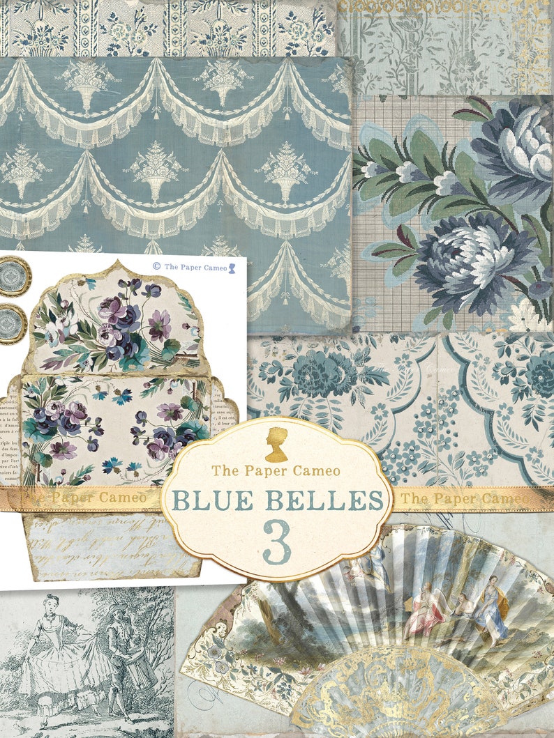 BLUE BELLES 3 Background Pages Printable, Vintage Blue Themed Collage ...