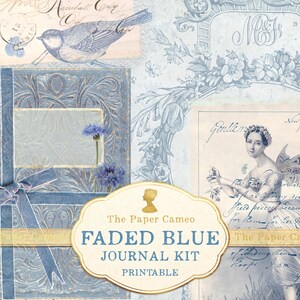 Diario FADED BLUE, kit imprimible digital de diario con temática azul, páginas de diario Shabby Blue, papel de collage con lavado azul vintage