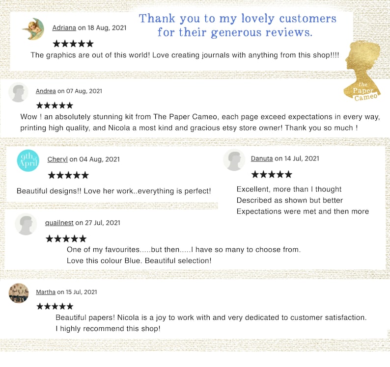 May include: A collage of customer reviews for The Paper Cameo Etsy shop. The reviews are positive and highlight the quality of the products and the excellent customer service. The reviews are from customers named Adriana, Andrea, Cheryl, Danuta, guailnest, and Martha.