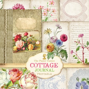 Diario imprimible COTTAGE, diario basura con temática de cabaña, descarga digital, diario de primavera imprimible, diario floral imprimible, shabby chic digital
