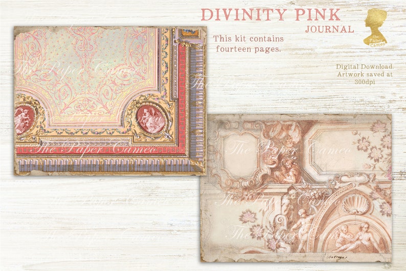 May include: A digital download kit for a journal with a pink and gold design. The kit contains fourteen pages of artwork with a vintage style. The artwork is saved at 300dpi.