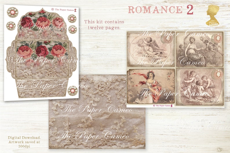 May include: A digital download kit for scrapbooking or crafting featuring a vintage style design with lace, roses, and angels. The kit includes twelve pages of artwork saved at 300dpi.