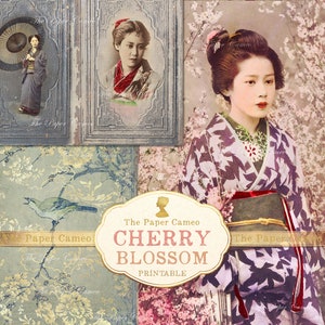 Puede incluir: Un collage digital con imágenes vintage de mujeres japonesas con ropa tradicional, con flores de cerezo y un título que dice "The Paper Cameo CHERRY BLOSSOM PRINTABLE".