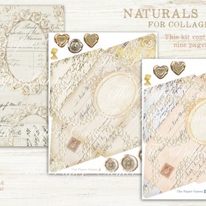 May include: A digital collage kit with nine pages featuring vintage-style paper with gold accents, handwritten text, and floral designs. The kit is titled "Naturals for Collage".