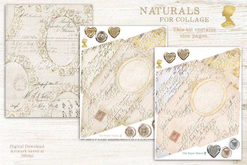 May include: A digital collage kit with nine pages featuring vintage-style paper with gold accents, handwritten text, and floral designs. The kit is titled "Naturals for Collage".