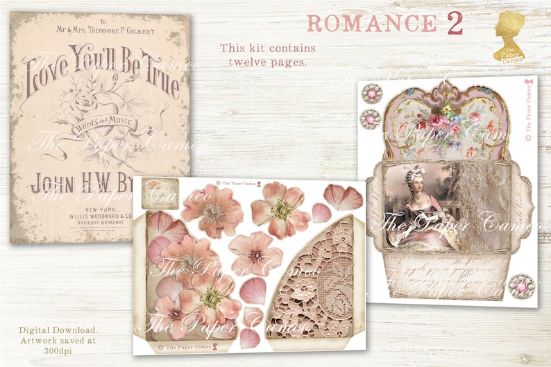 ROMANCE 2 Ephemera Digital, Valentine Themed Ephemera Digital, Shabby Pink Valentine Printable, Love Ephemera, Romantic Floral Ephemera, image 3