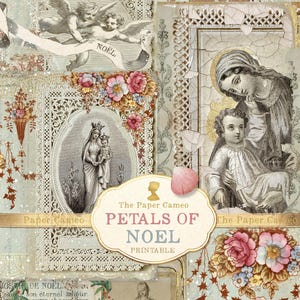 May include: A collage of vintage-style images with a soft, muted color palette. The design features illustrations of angels, religious figures, and floral elements. The text "PETALS OF NOEL PRINTABLE" is displayed on a decorative label.