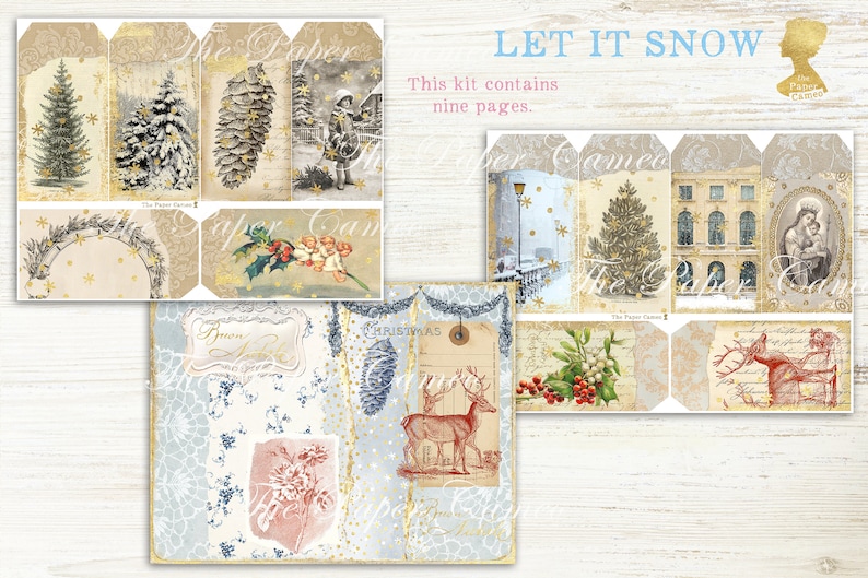 May include: A digital scrapbooking kit with nine pages featuring a winter theme. The kit includes images of snow-covered trees, a pine cone, a child in a winter coat, a street lamp, a building, a Christmas wreath, a reindeer, and a Christmas tree. The kit is titled "Let It Snow".