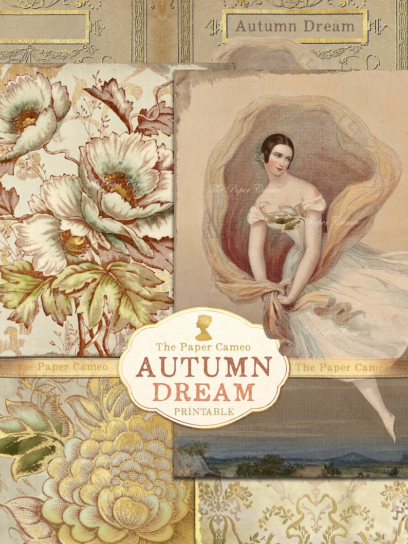 May include: A digital collage sheet with a vintage aesthetic featuring a woman in a white dress, floral patterns, and the text "The Paper Cameo Autumn Dream Printable".
