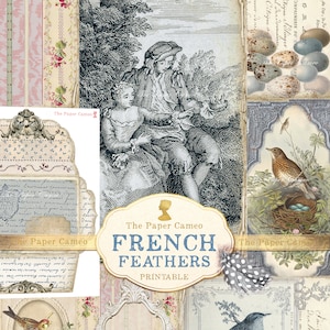PENAS FRANCESAS, Diário de Primavera para Imprimir, Digitais com Tema de Primavera, Diário de Páscoa para Imprimir, Digitais com Objetos Franceses Vintage, Objetos Efêmeros de Primavera
