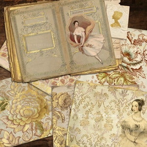 May include: A collage of vintage paper ephemera with gold accents. The papers feature floral patterns, a ballerina illustration, and text that reads "Autumn Dream" and "The Paper Cameo".