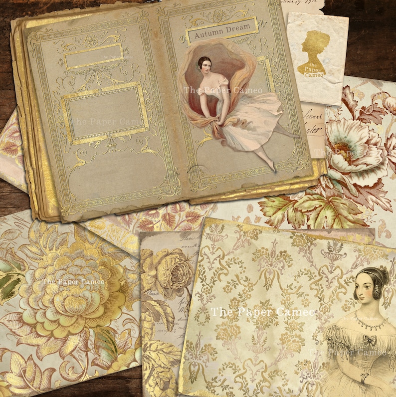 May include: A collage of vintage paper ephemera with gold accents. The papers feature floral patterns, a ballerina illustration, and text that reads "Autumn Dream" and "The Paper Cameo".