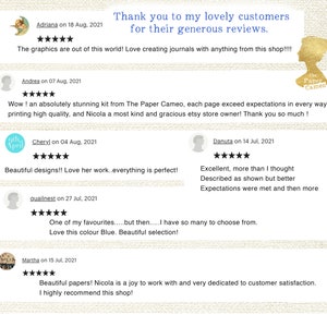 May include: A collage of customer reviews for The Paper Cameo Etsy shop. The reviews are positive and highlight the quality of the products and the excellent customer service. The reviews are from customers named Adriana, Andrea, Cheryl, Danuta, guailnest, and Martha.