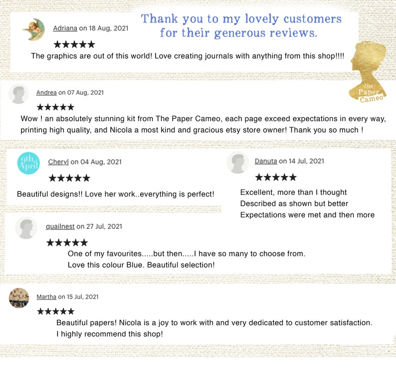 May include: A collage of customer reviews for The Paper Cameo Etsy shop. The reviews are positive and highlight the quality of the products and the excellent customer service. The reviews are from customers named Adriana, Andrea, Cheryl, Danuta, guailnest, and Martha.