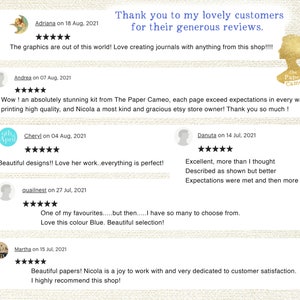 May include: A collage of customer reviews for a shop called The Paper Cameo. The reviews are positive and highlight the quality of the products and the excellent customer service. The reviews are from customers named Adriana, Andrea, Cheryl, Danuta, guailnest, and Martha.