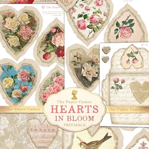 Coeurs fleuris, coeurs d'amour à imprimer, éphémères de la Saint-Valentin à imprimer, éphémères floraux vintage numériques, éphémères de Pâques à imprimer, digi coeur