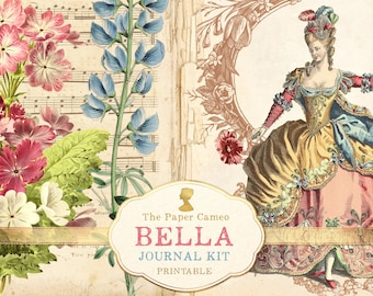 BELLA, Shabby French Style Printable Junk Journal Kit, French Fashion Digital Download, Vintage Floral Journal Pages, Shabby Chic Journal