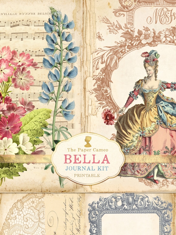 BELLA, Shabby French Style Printable Junk Journal Kit, French Fashion Digital Download, Vintage Floral Journal Pages, Shabby Chic Journal