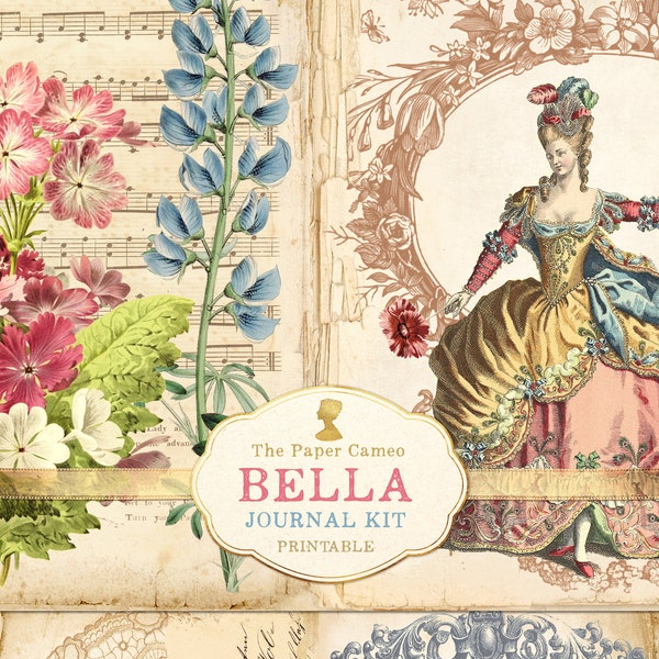 BELLA, Shabby French Style Printable Junk Journal Kit, French Fashion Digital Download, Vintage Floral Journal Pages, Shabby Chic Journal
