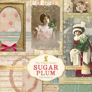 Puede incluir: Una hoja de collage digital con una estética vintage que presenta imágenes de mujeres, flores y saludos navideños. La hoja se titula "Sugar Plum" e incluye el texto "The Paper Cameo" y "Printable".