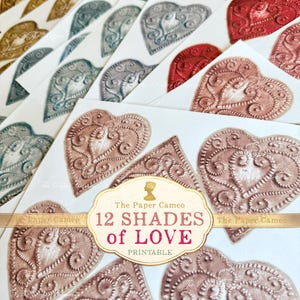12 tinten liefde digitale download, Valentine Heart Tags, Love Heart afdrukbare, verschillende kleuren Love Heart Digital, Valentine Ephemera digi