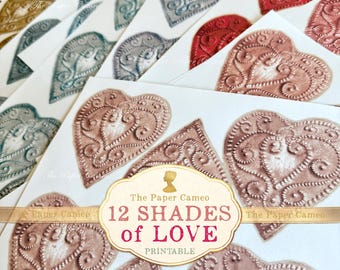 12 Shades of Love Digital Download, Valentine Heart Tags, Love Heart Printable, Different Colour Love heart Digital, Valentine Ephemera digi