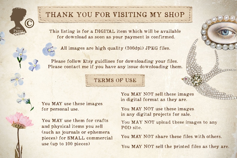 May include: A digital download graphic design terms of use image with a white background and text that reads "Thank you for visiting my shop." The text is in a brown font with a white outline. The image also includes a small illustration of a bird with a pearl-like design and a small illustration of an eye with a pearl-like design.