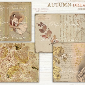 May include: A digital download kit for a journal with a vintage aesthetic. The kit includes twelve pages with images of flowers, leaves, and a ballerina. The text "Autumn Dream Journal" is at the top of the image.