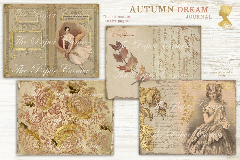 May include: A digital download kit for a journal with a vintage aesthetic. The kit includes twelve pages with images of flowers, leaves, and a ballerina. The text "Autumn Dream Journal" is at the top of the image.