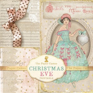 Diário de VÉSPERA DE NATAL Digital, Diário de lixo de Natal Digital, Imprimível de Natal Shabby Chic, Natal Vintage Pastel, Floco de Neve digital